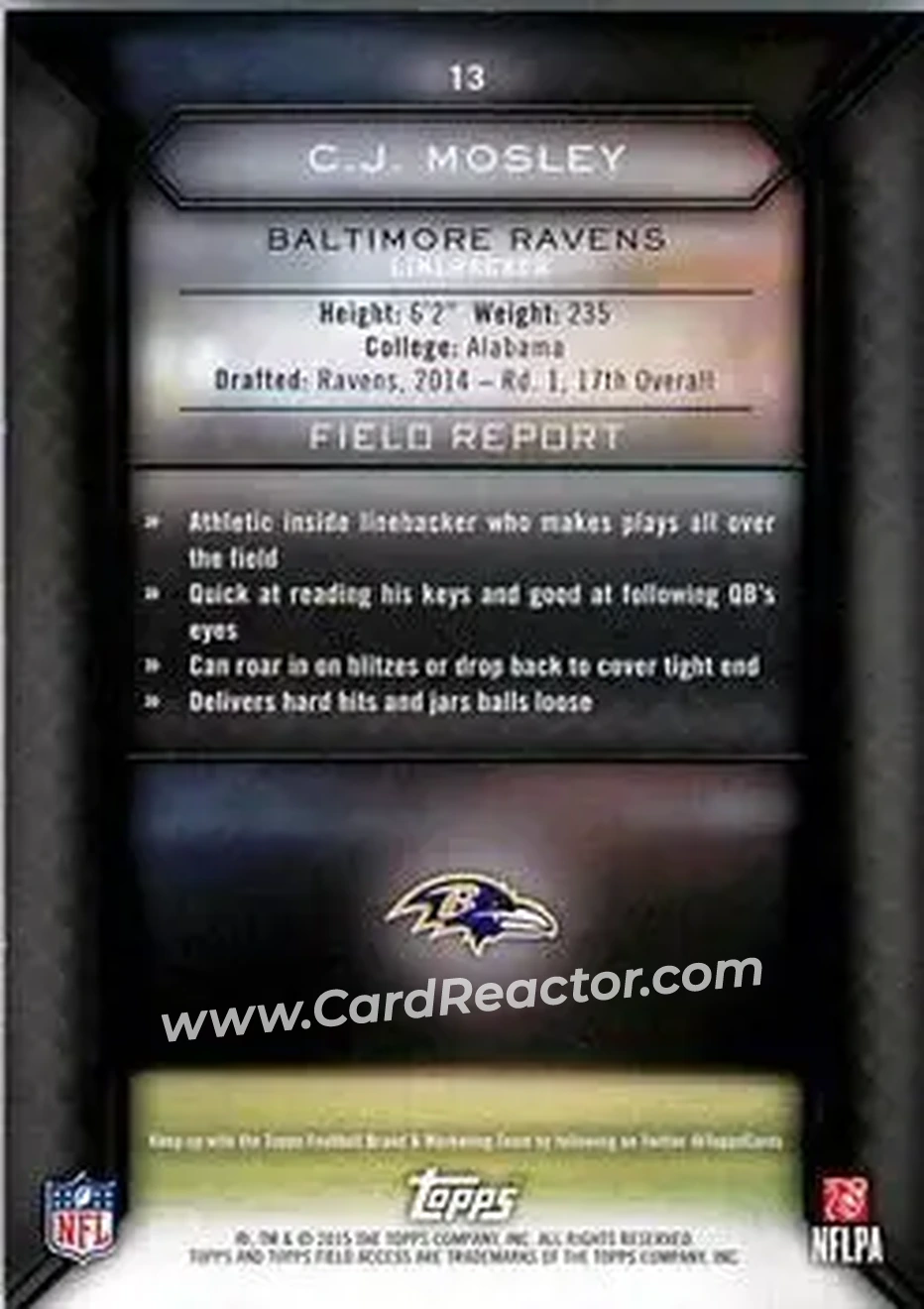 2015 Topps Field Access #13 - C.J. Mosley - Baltimore Ravens - Back