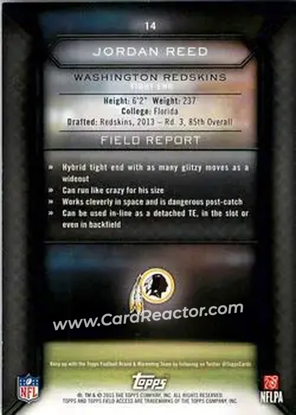 2015 Topps Field Access #14 - Jordan Reed - Washington Redskins - Back