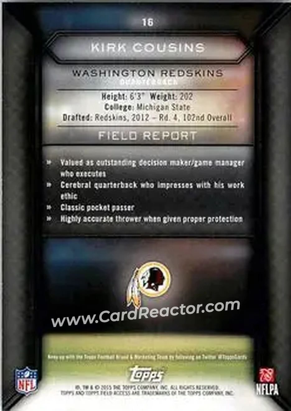 2015 Topps Field Access #16 - Kirk Cousins - Washington Redskins - Back