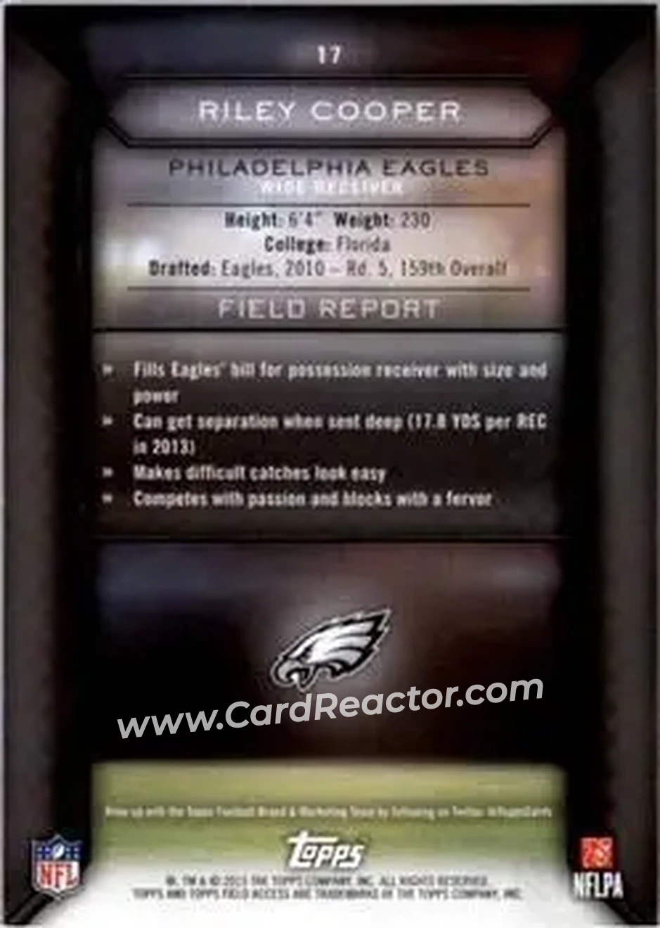 2015 Topps Field Access #17 - Riley Cooper - Philadelphia Eagles - Back