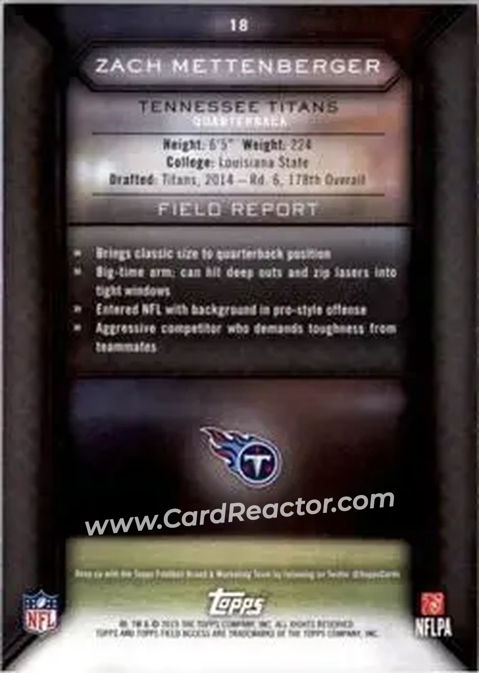 2015 Topps Field Access #18 - Zach Mettenberger - Tennessee Titans - Back
