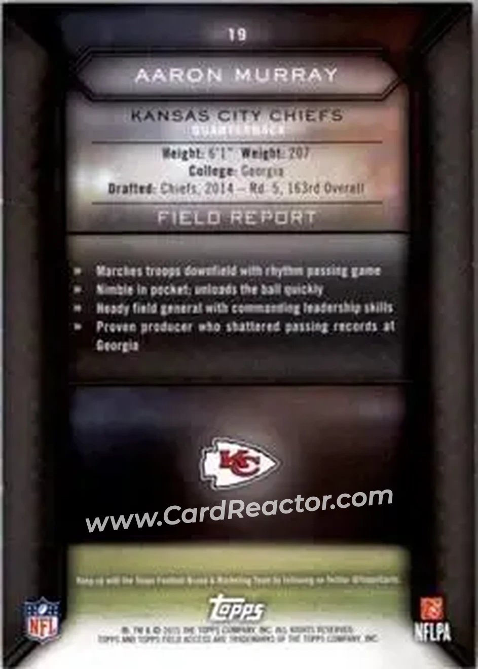 2015 Topps Field Access #19 - Aaron Murray - Kansas City Chiefs - Back