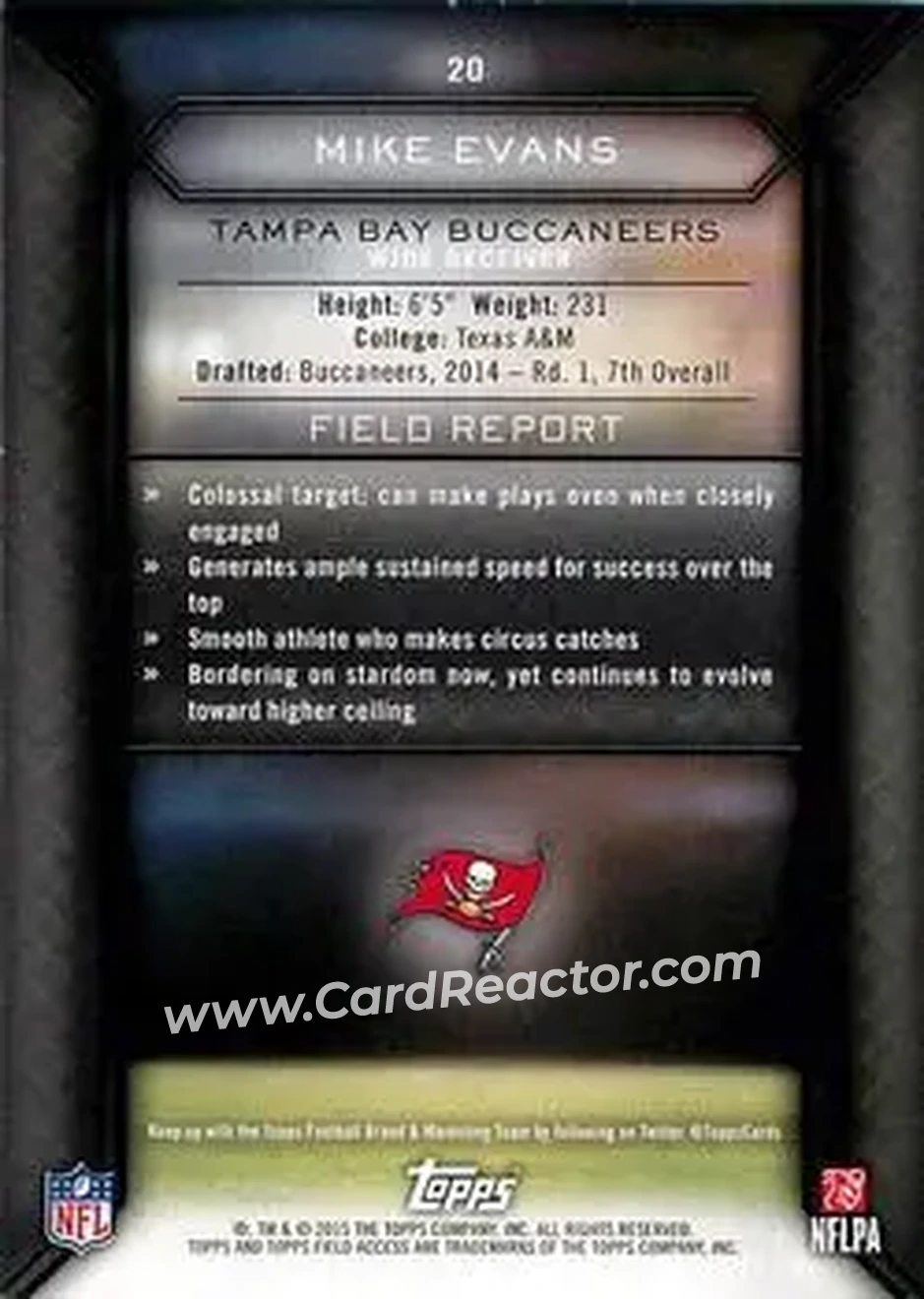 2015 Topps Field Access #20 - Mike Evans - Tampa Bay Buccaneers - Back