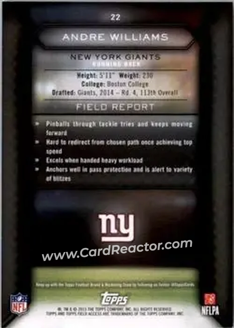 2015 Topps Field Access #22 - Andre Williams - New York Giants - Back