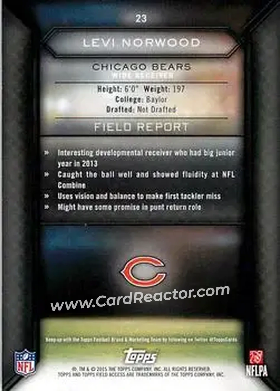 2015 Topps Field Access #23 - Levi Norwood - Chicago Bears - Back