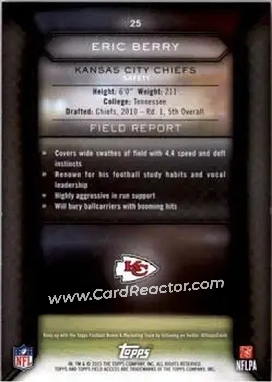 2015 Topps Field Access #25 - Eric Berry - Kansas City Chiefs - Back