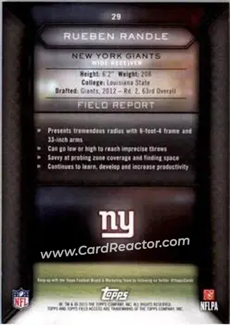 2015 Topps Field Access #29 - Rueben Randle - New York Giants - Back
