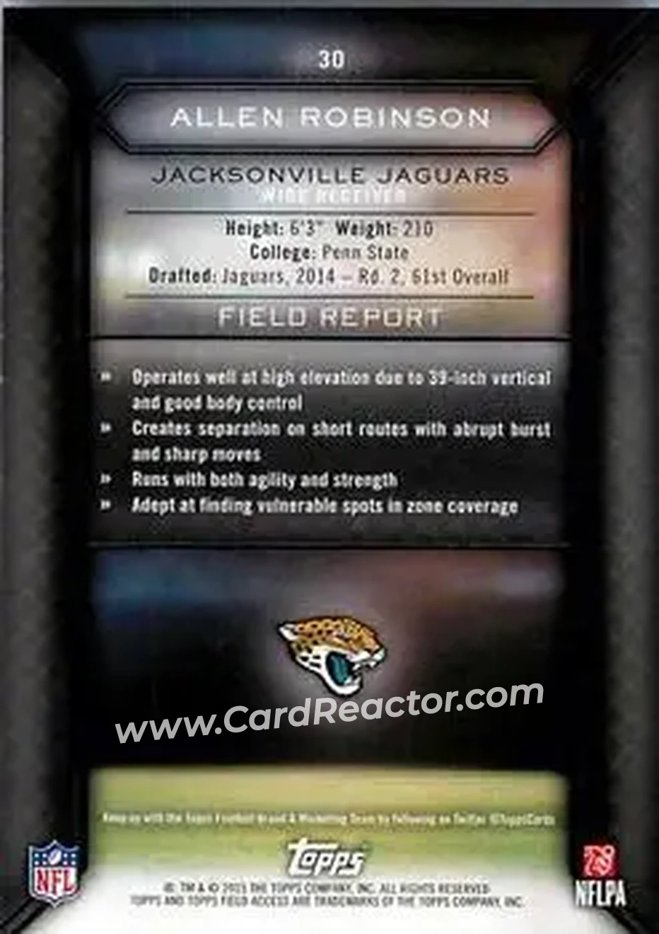 2015 Topps Field Access #30 - Allen Robinson II - Jacksonville Jaguars - Back