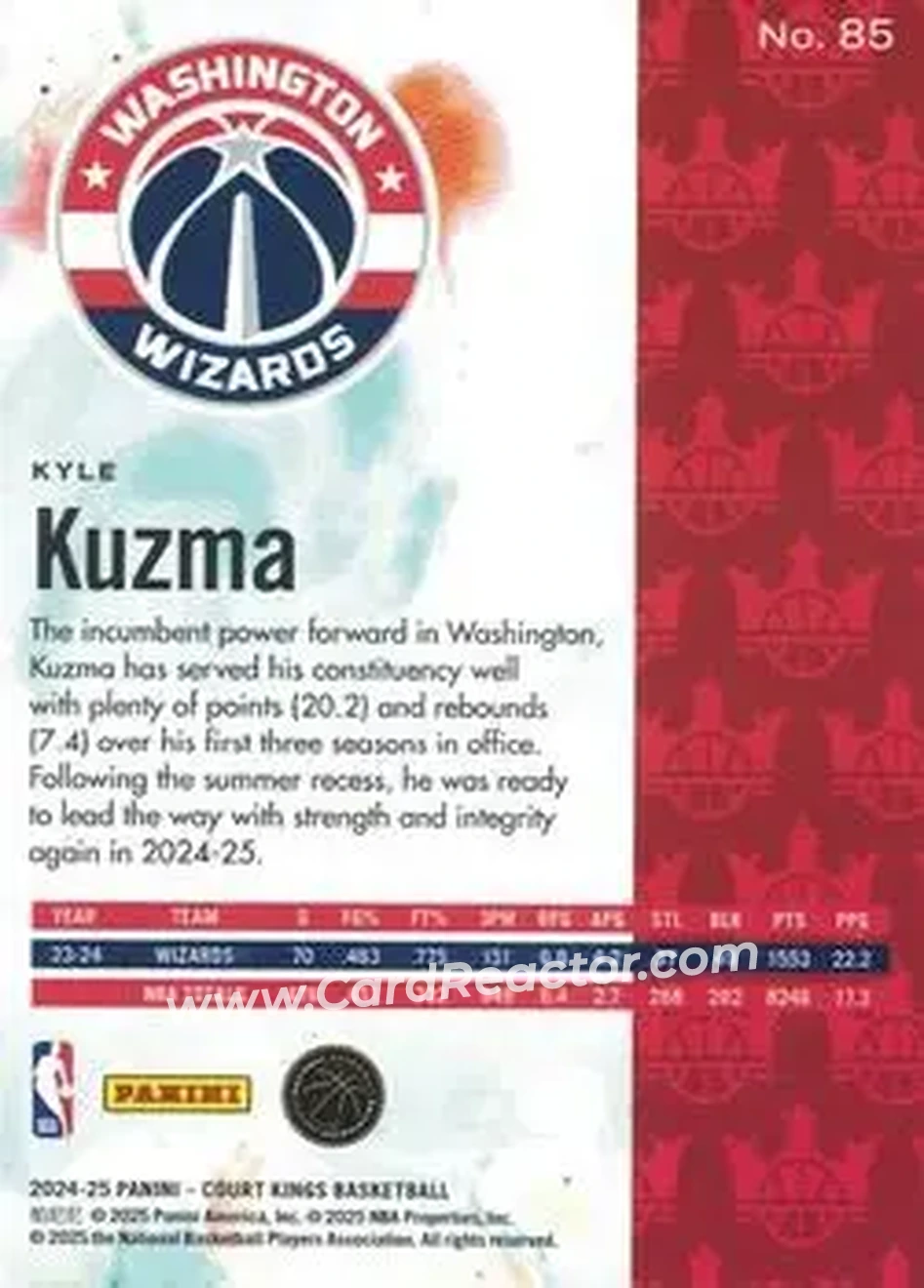 2024-25 Panini Court Kings #85 - Kyle Kuzma - Washington Wizards - Back 2024-25 Panini Court Kings #85 - Kyle Kuzma - Washington Wizards - Back