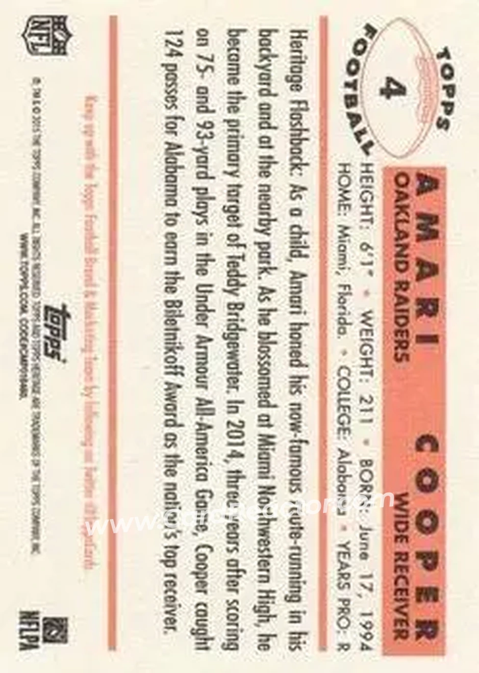 2015 Topps Heritage #4 - Amari Cooper - Oakland Raiders - Back