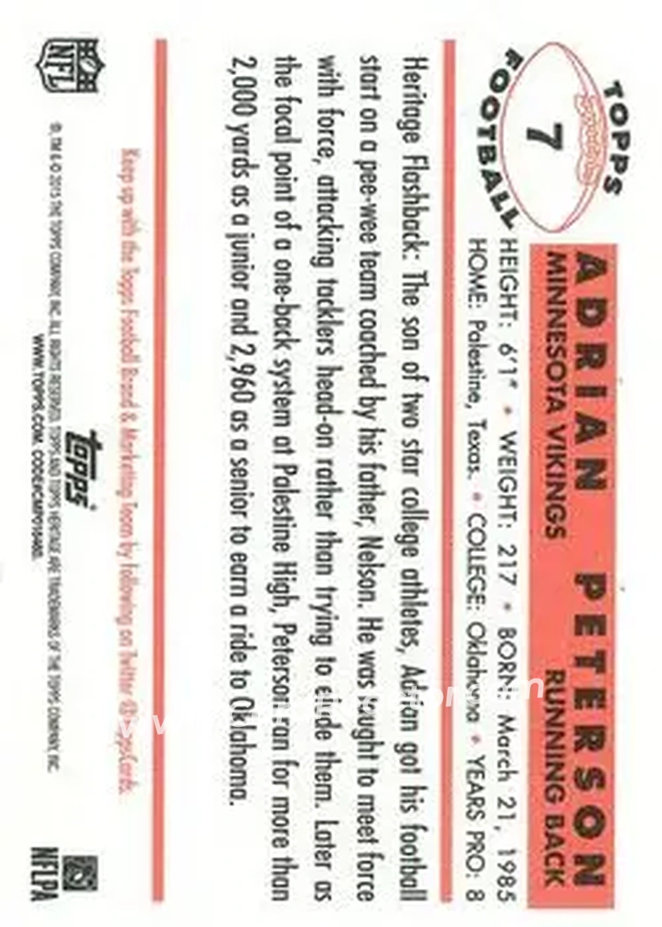 2015 Topps Heritage #7 - Adrian Peterson - Minnesota Vikings - Back