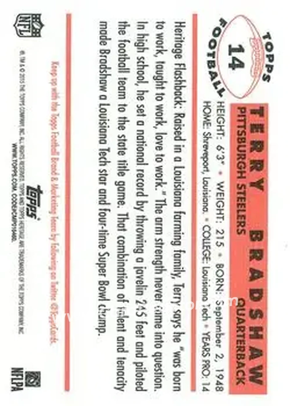 2015 Topps Heritage #14 - Terry Bradshaw - Pittsburgh Steelers - Back