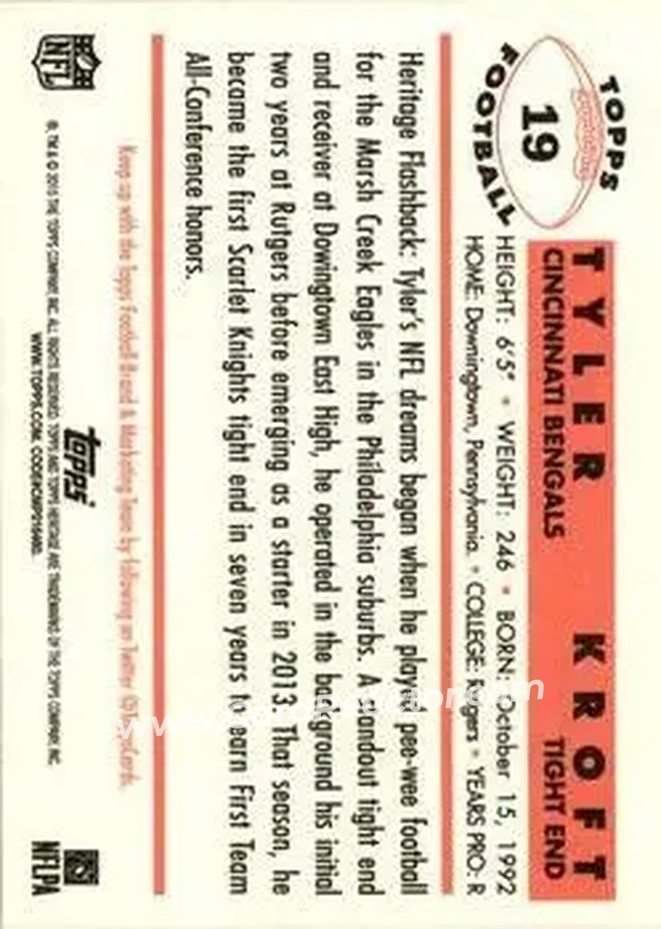2015 Topps Heritage #19 - Tyler Kroft - Cincinnati Bengals - Back