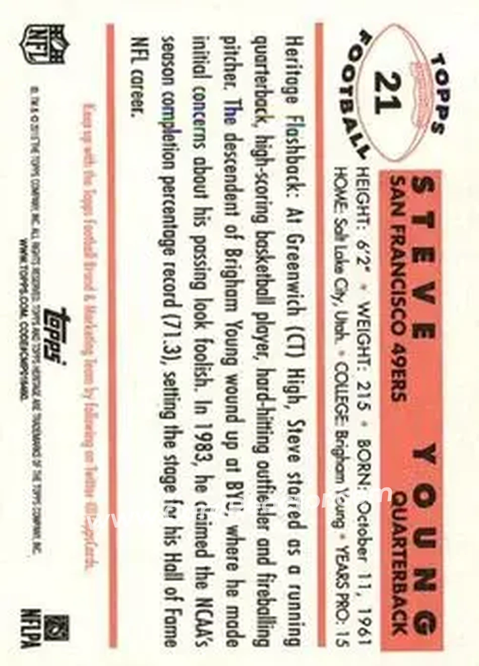 2015 Topps Heritage #21 - Steve Young - San Francisco 49ers - Back 2015 Topps Heritage #21 - Steve Young - San Francisco 49ers - Back
