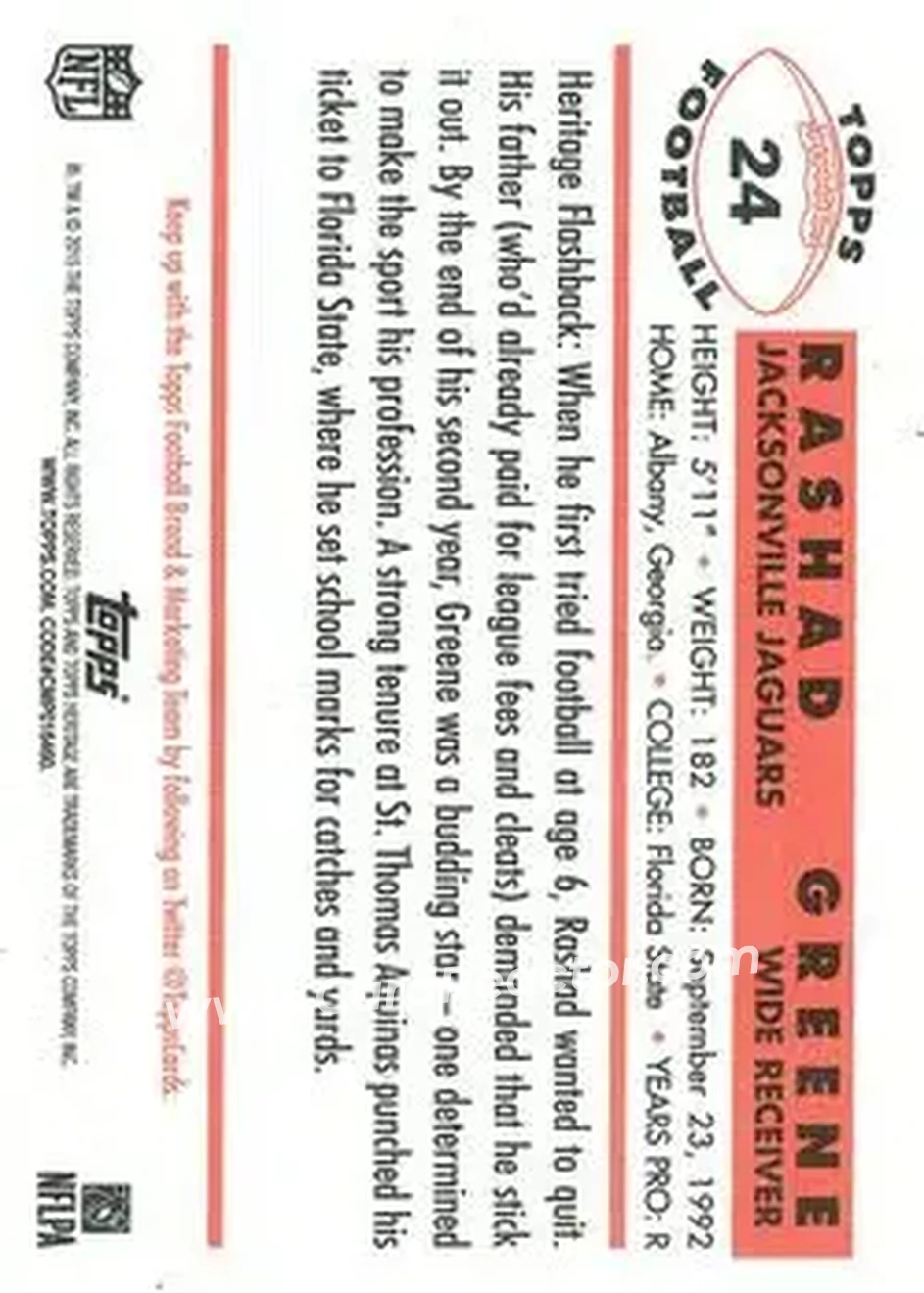 2015 Topps Heritage #24 - Rashad Greene - Jacksonville Jaguars - Back