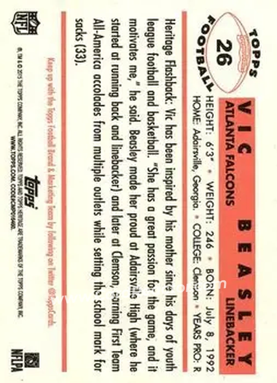 2015 Topps Heritage #26 - Vic Beasley Jr. - Atlanta Falcons - Back