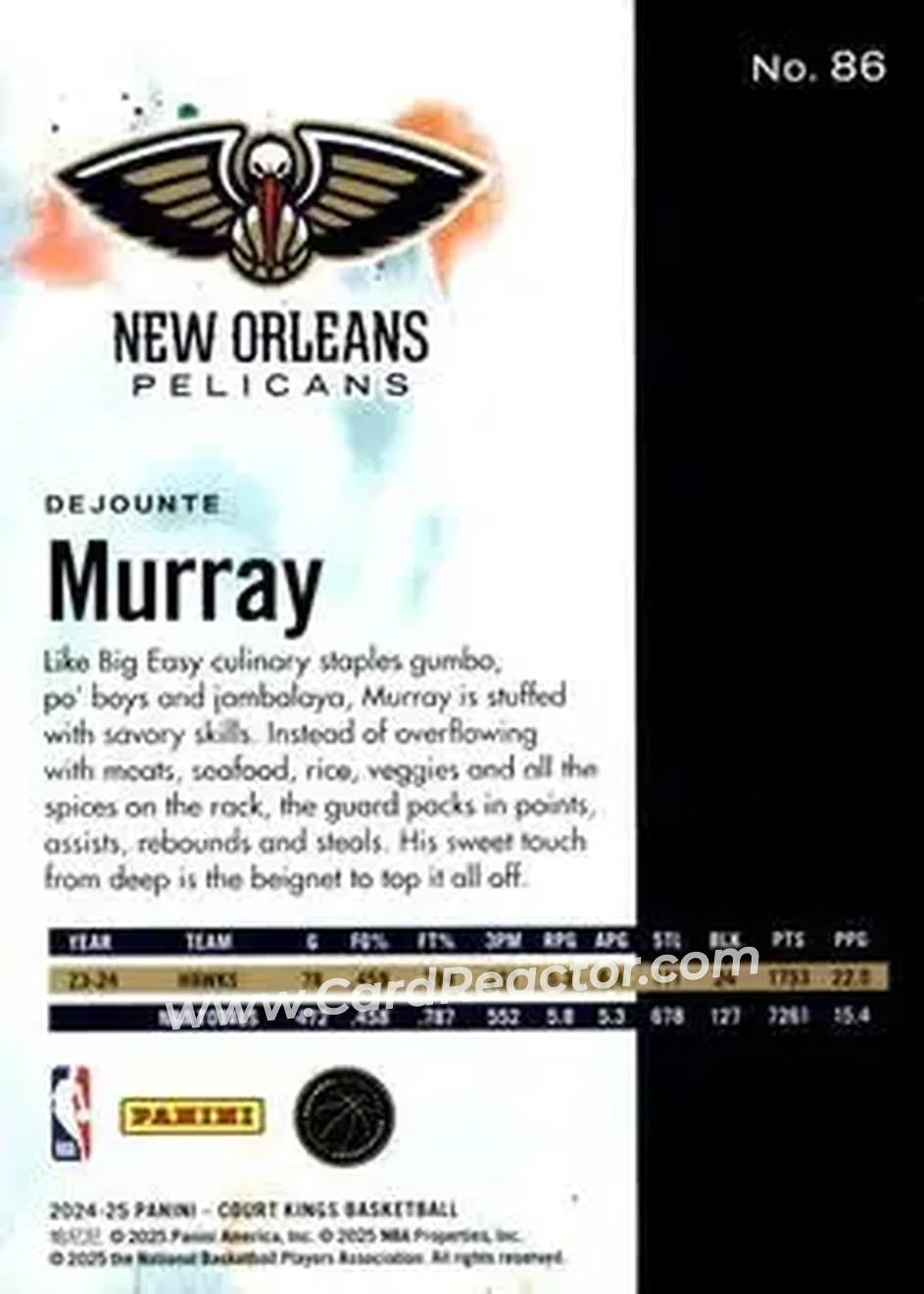 2024-25 Panini Court Kings #86 - Dejounte Murray - New Orleans Pelicans - Back 2024-25 Panini Court Kings #86 - Dejounte Murray - New Orleans Pelicans - Back