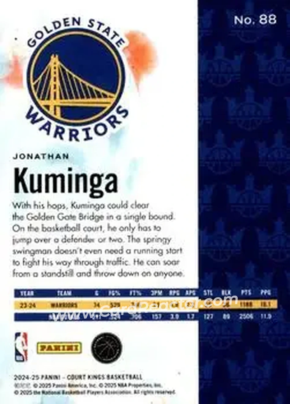 2024-25 Panini Court Kings #88 - Jonathan Kuminga - Golden State Warriors - Back 2024-25 Panini Court Kings #88 - Jonathan Kuminga - Golden State Warriors - Back