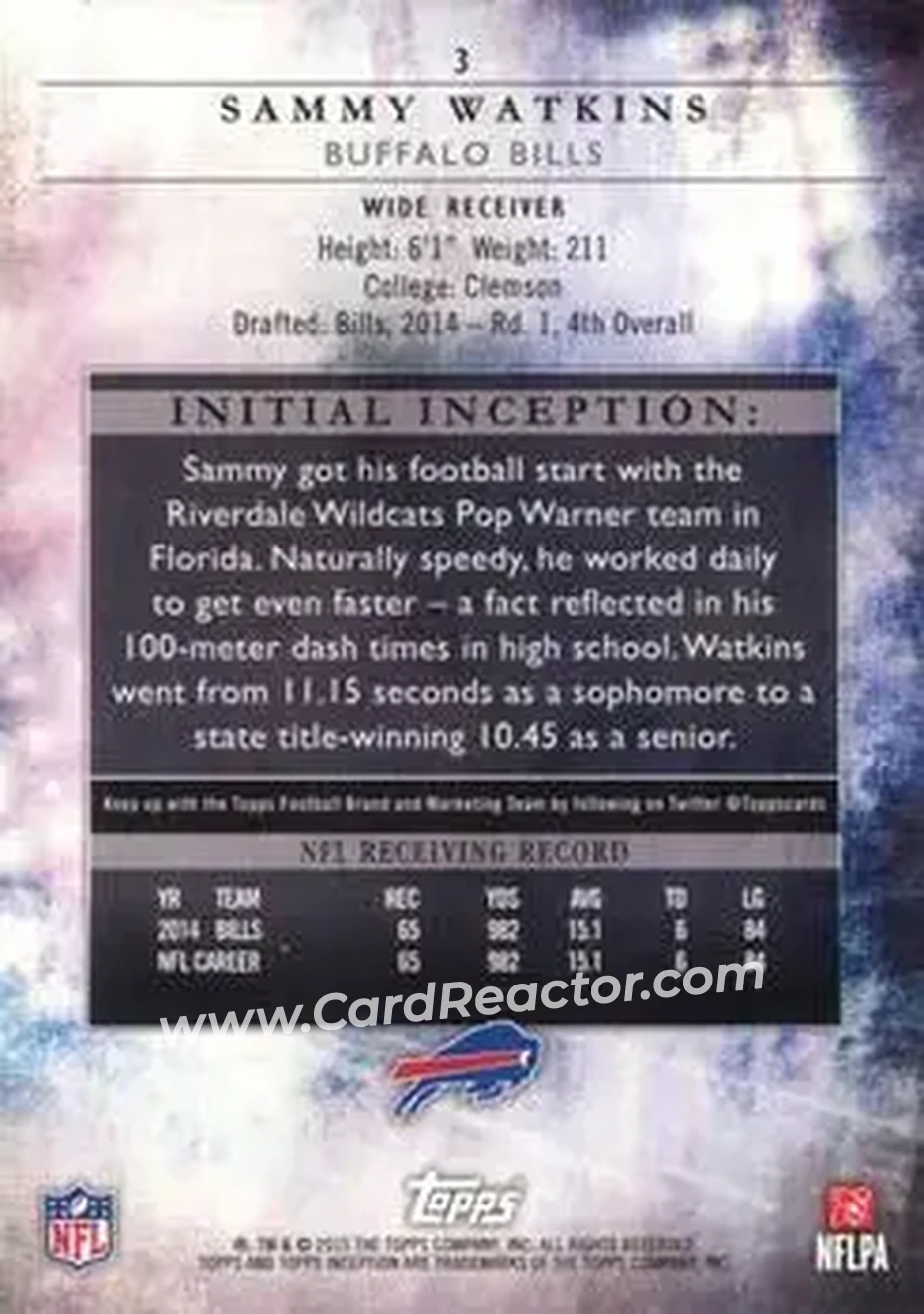 2015 Topps Inception #3 - Sammy Watkins - Buffalo Bills - Back