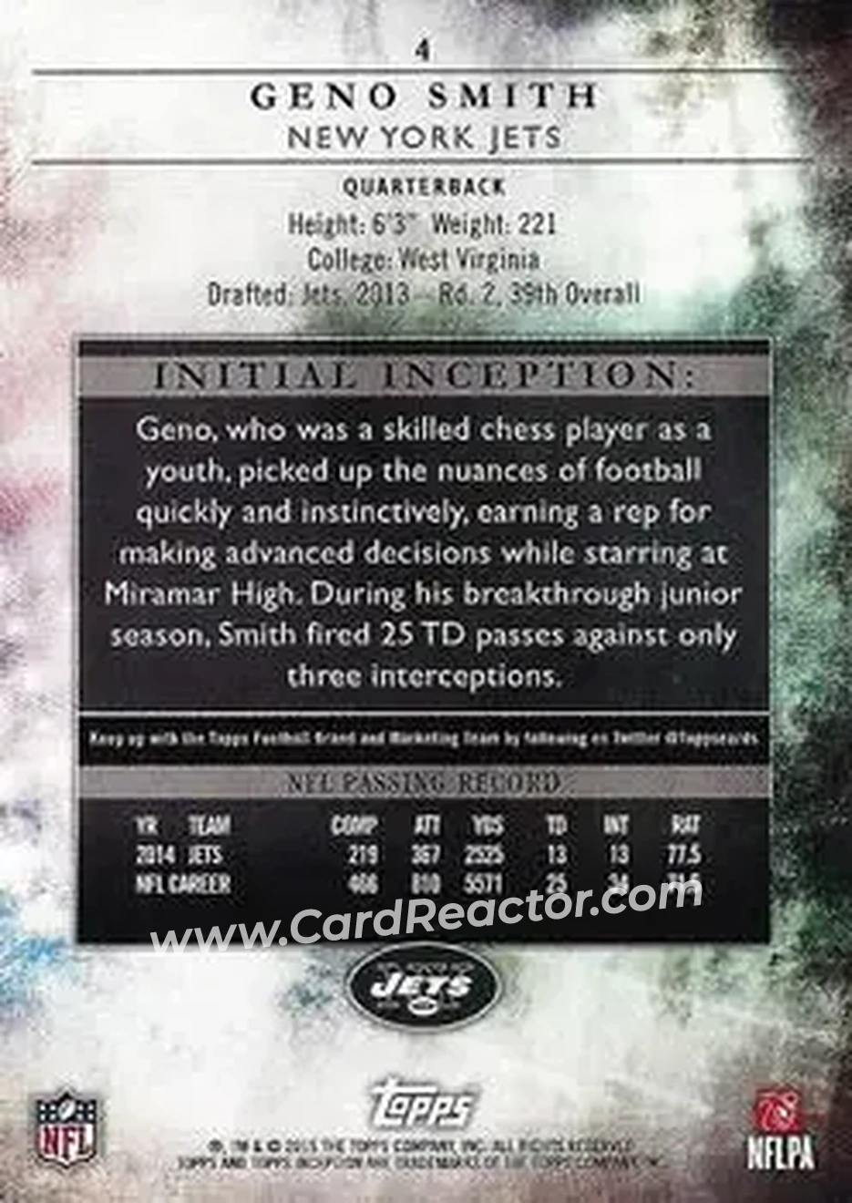 2015 Topps Inception #4 - Geno Smith - New York Jets - Back