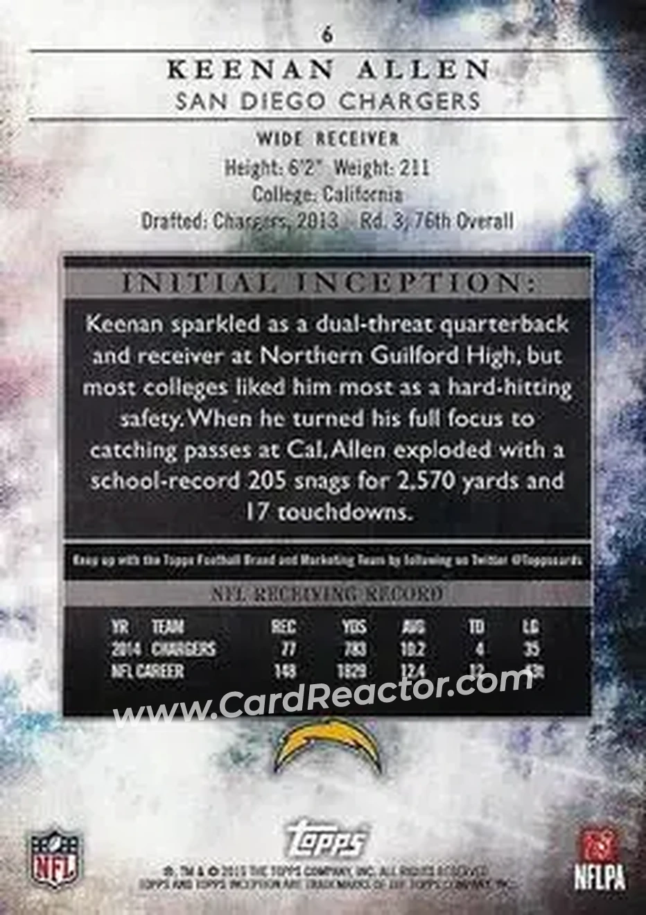 2015 Topps Inception #6 - Keenan Allen - San Diego Chargers - Back