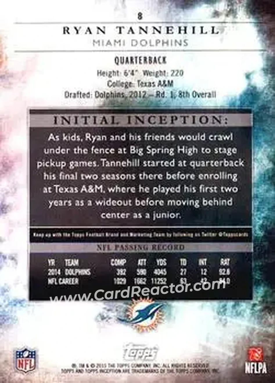 2015 Topps Inception #8 - Ryan Tannehill - Miami Dolphins - Back