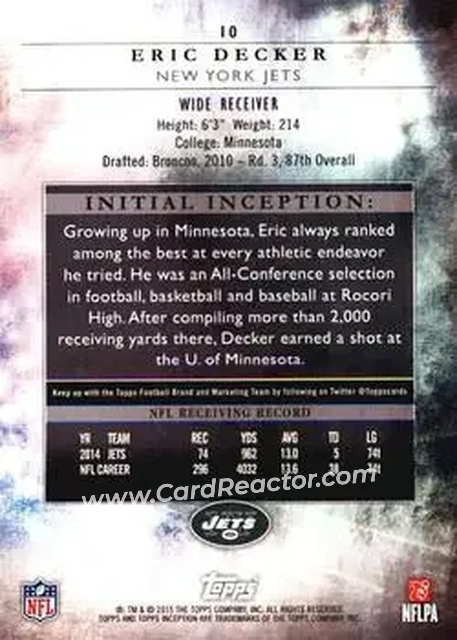 2015 Topps Inception #10 - Eric Decker - New York Jets - Back