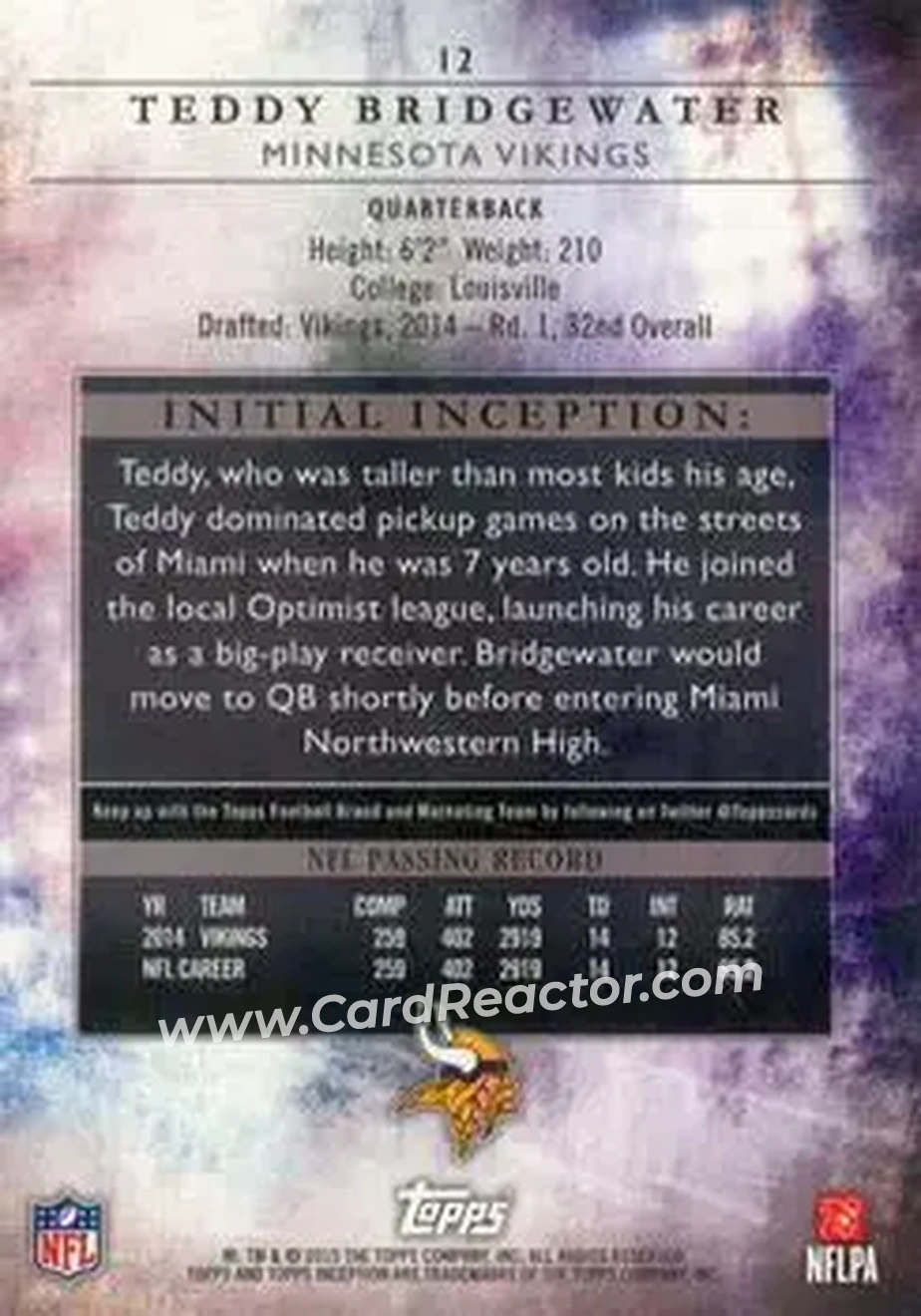 2015 Topps Inception #12 - Teddy Bridgewater - Minnesota Vikings - Back