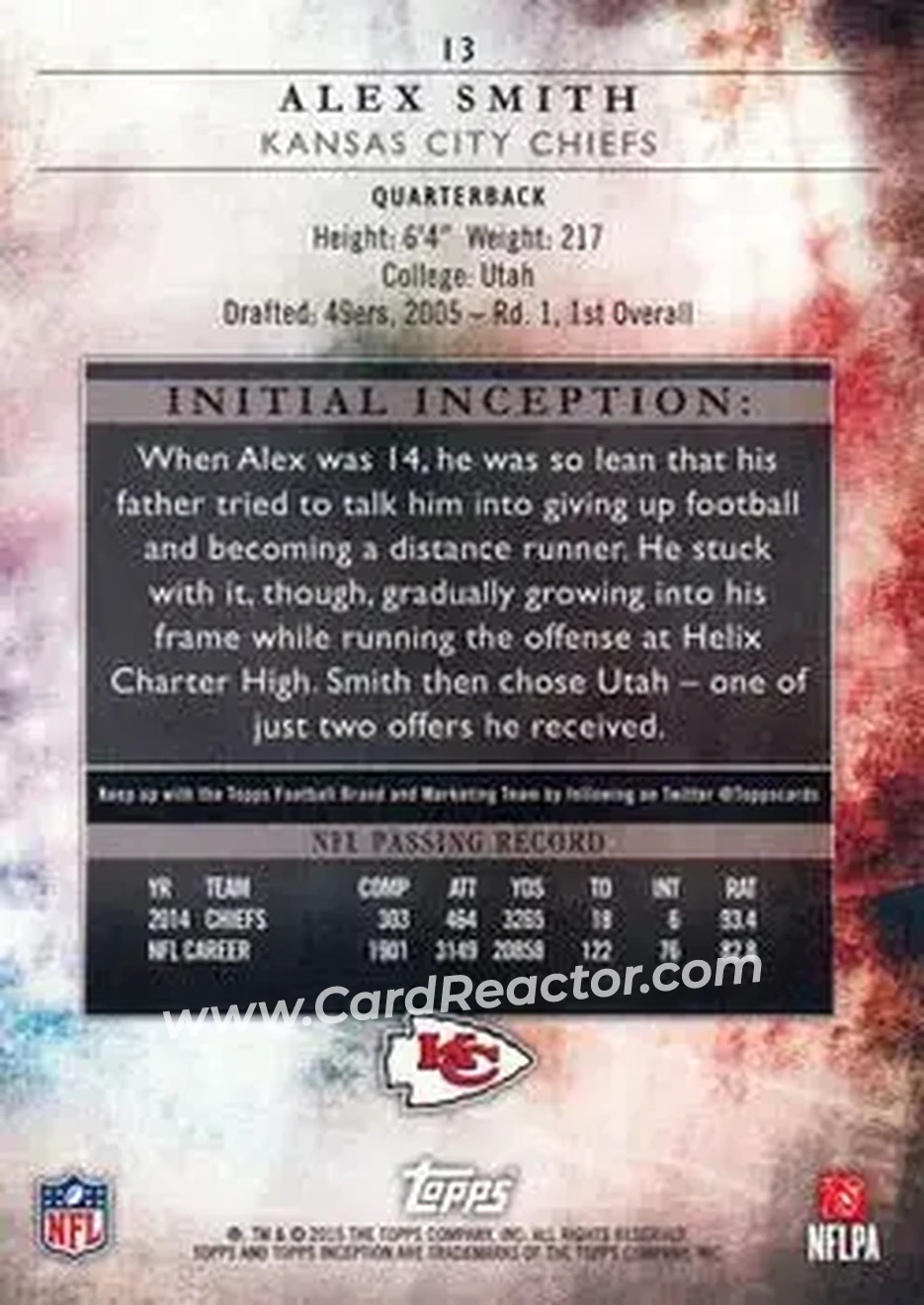 2015 Topps Inception #13 - Alex Smith - Kansas City Chiefs - Back