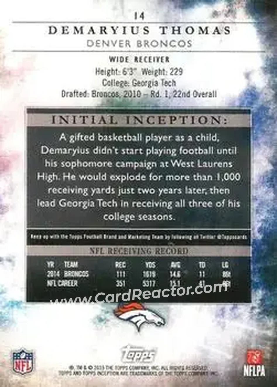 2015 Topps Inception #14 - Demaryius Thomas - Denver Broncos - Back