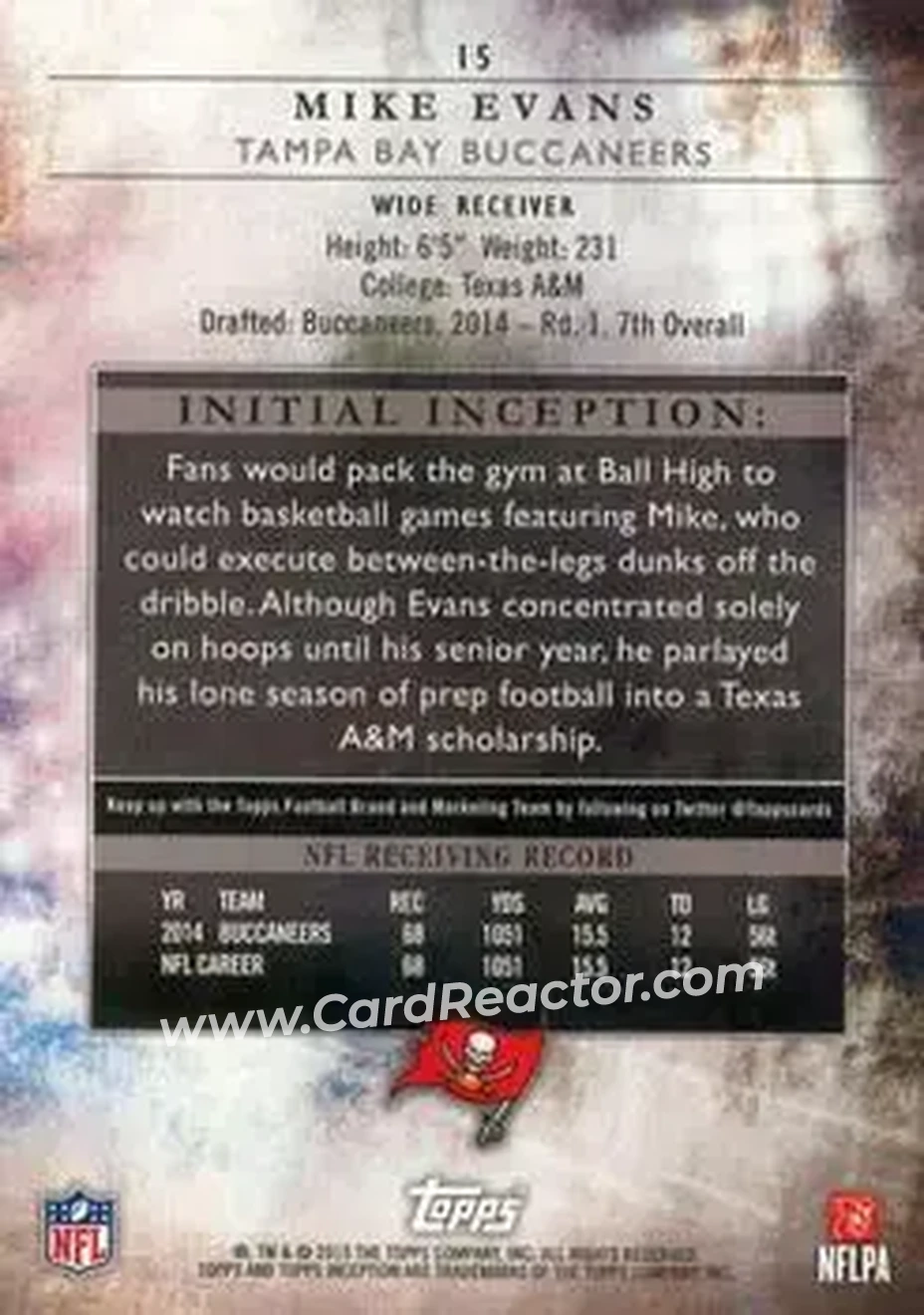 2015 Topps Inception #15 - Mike Evans - Tampa Bay Buccaneers - Back