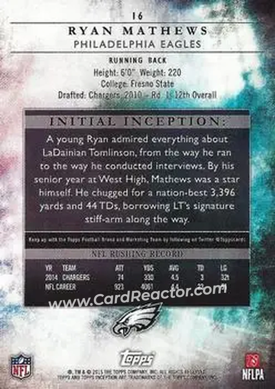 2015 Topps Inception #16 - Ryan Mathews - Philadelphia Eagles - Back