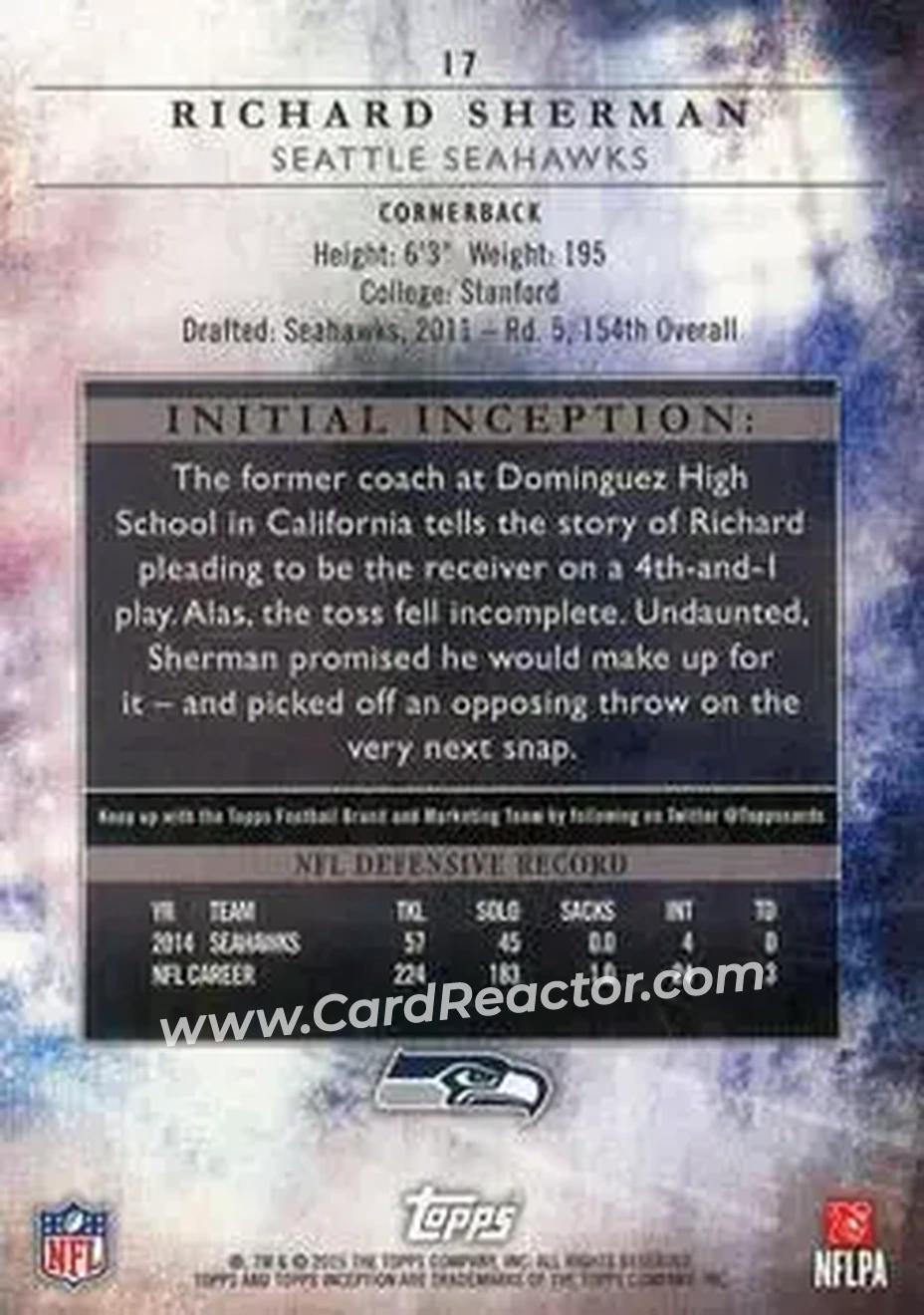 2015 Topps Inception #17 - Richard Sherman - Seattle Seahawks - Back