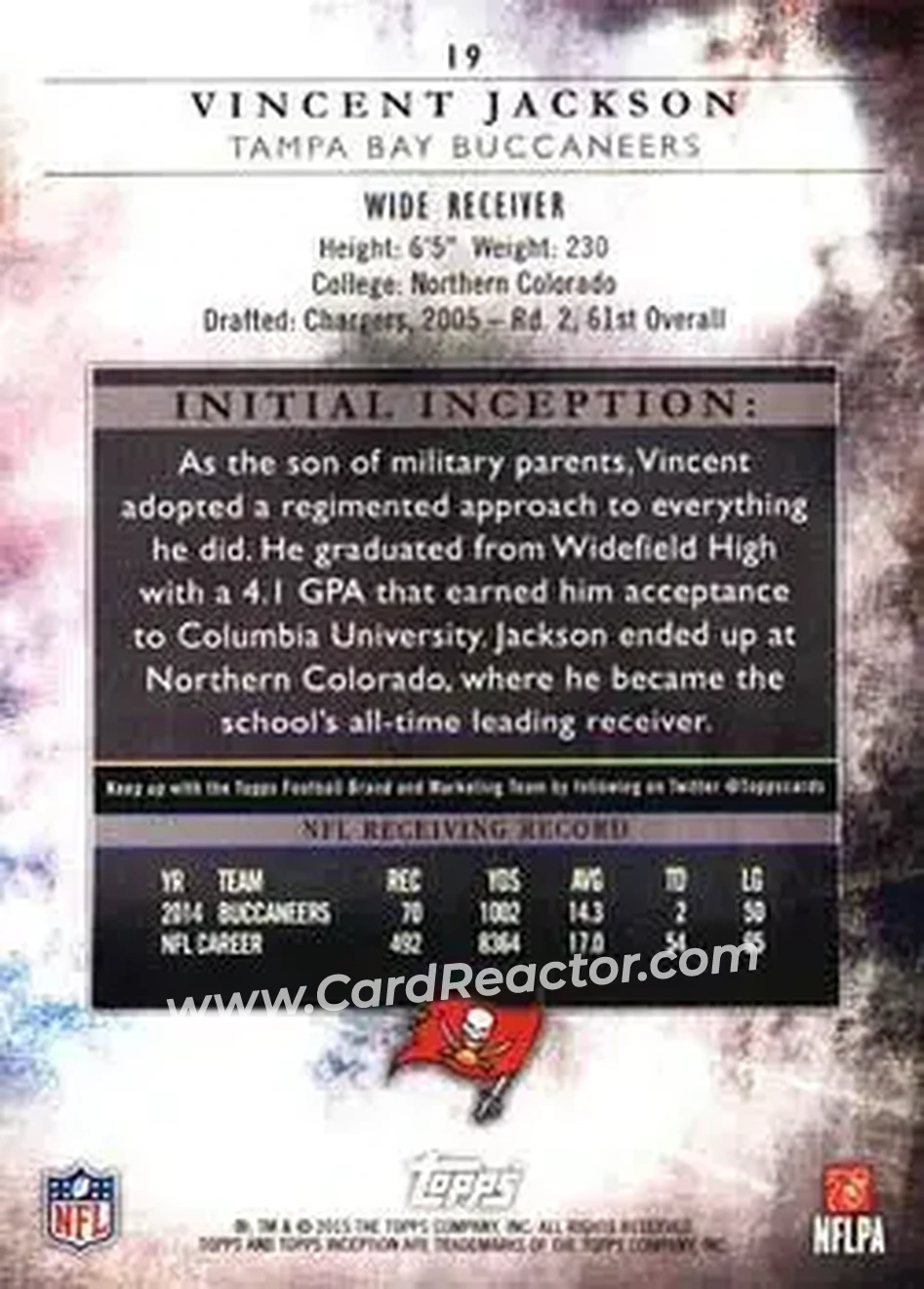 2015 Topps Inception #19 - Vincent Jackson - Tampa Bay Buccaneers - Back