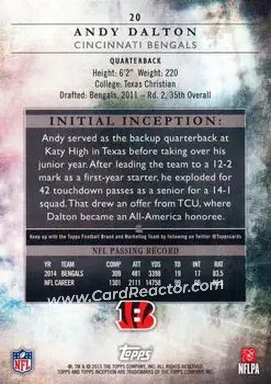 2015 Topps Inception #20 - Andy Dalton - Cincinnati Bengals - Back