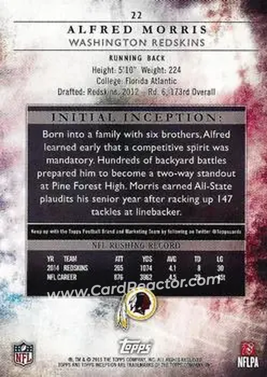 2015 Topps Inception #22 - Alfred Morris - Washington Redskins - Back