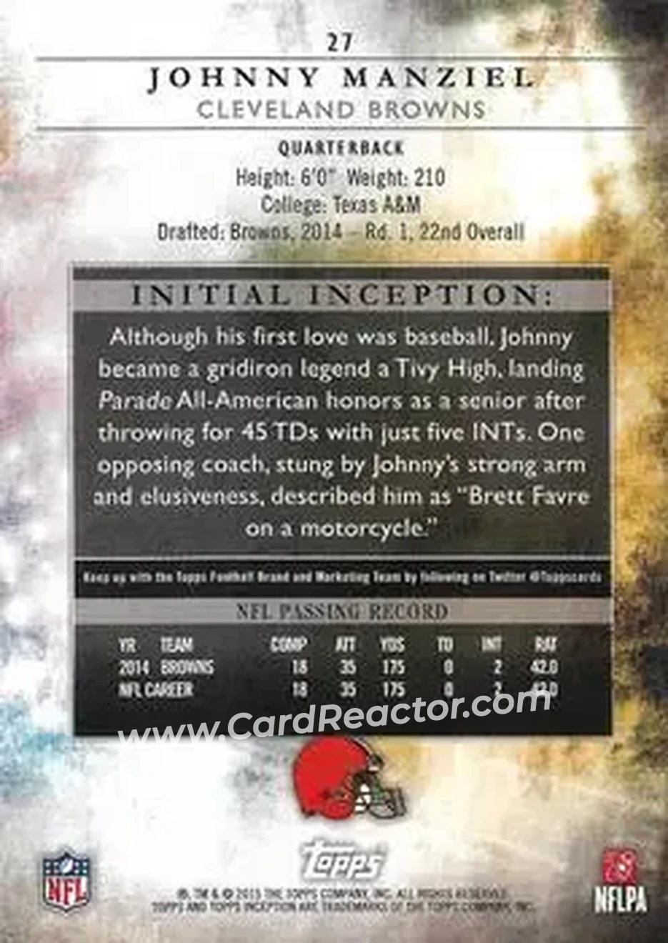 2015 Topps Inception #27 - Johnny Manziel - Cleveland Browns - Back