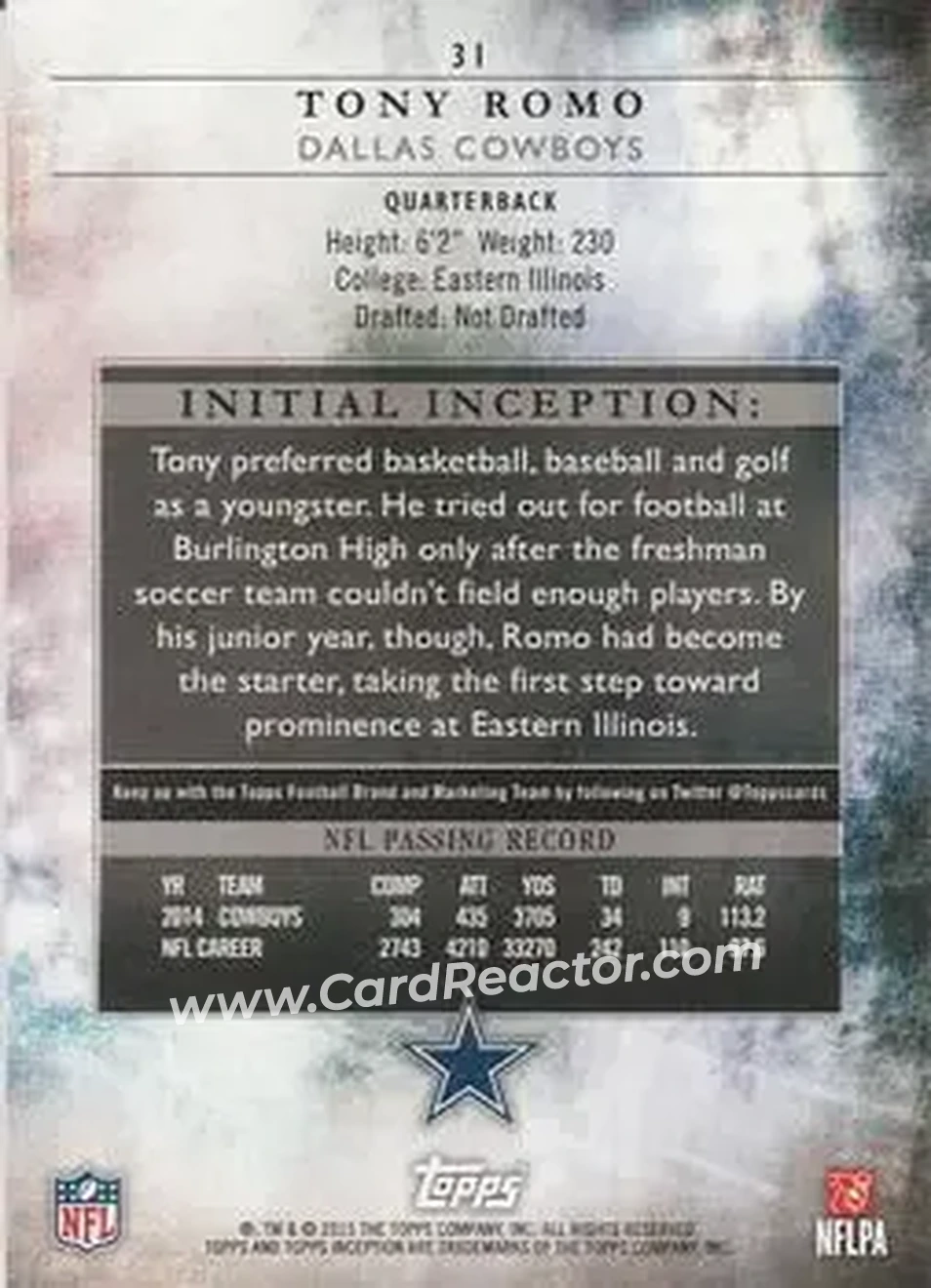 2015 Topps Inception #31 - Tony Romo - Dallas Cowboys - Back