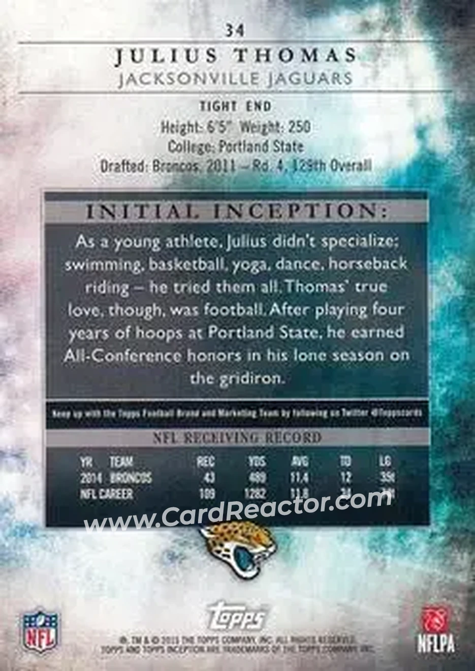 2015 Topps Inception #34 - Julius Thomas - Jacksonville Jaguars - Back