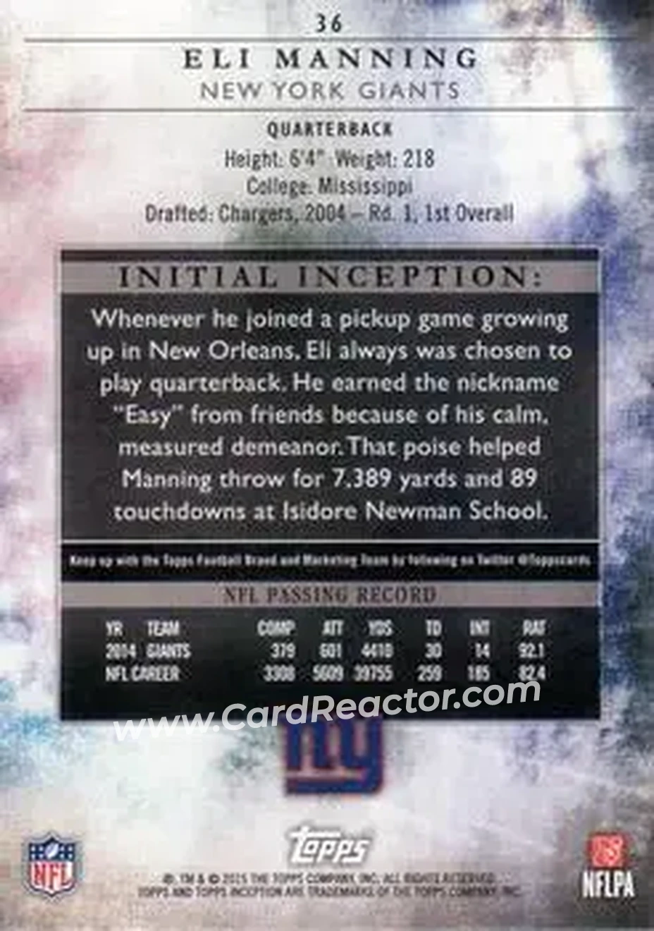 2015 Topps Inception #36 - Eli Manning - New York Giants - Back 2015 Topps Inception #36 - Eli Manning - New York Giants - Back