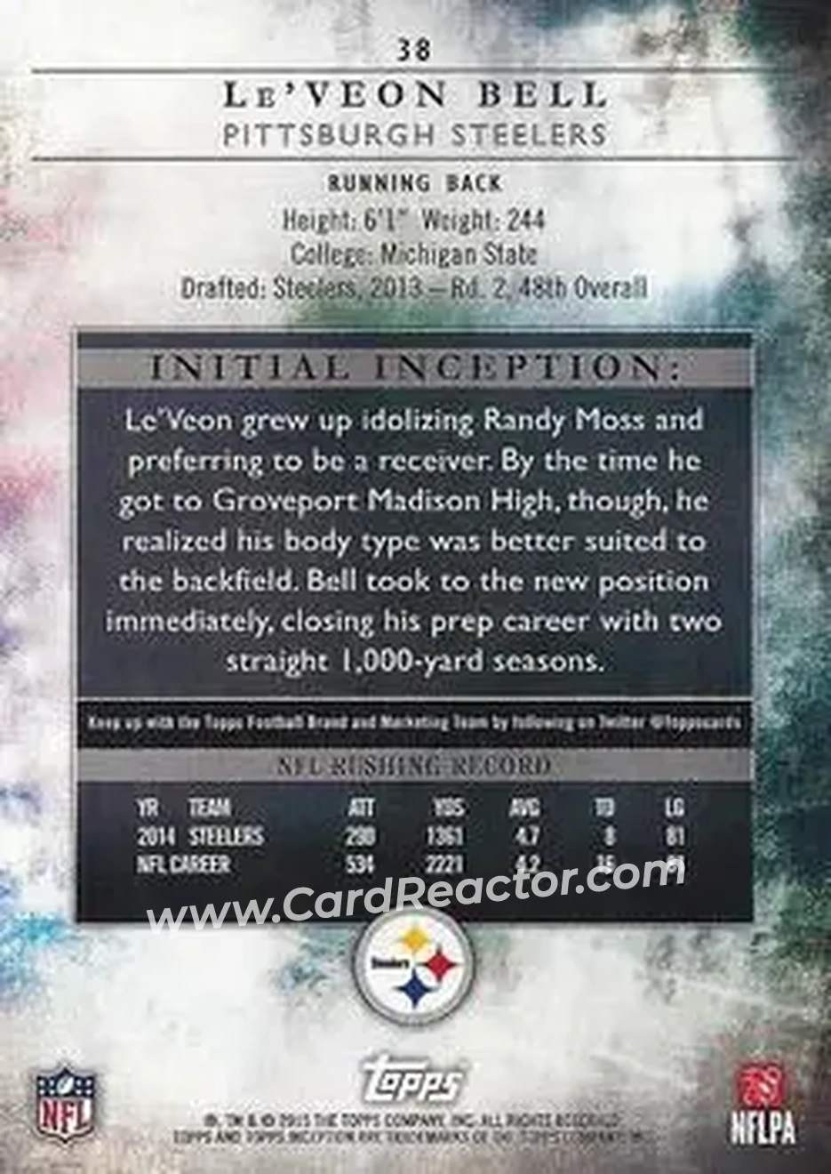 2015 Topps Inception #38 - Le'Veon Bell - Pittsburgh Steelers - Back