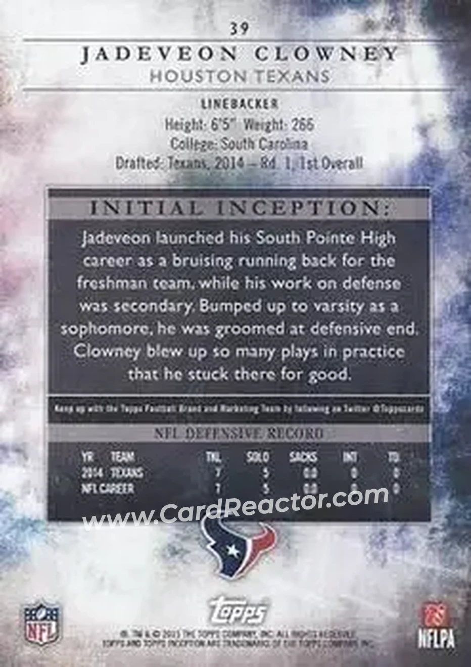 2015 Topps Inception #39 - Jadeveon Clowney - Houston Texans - Back