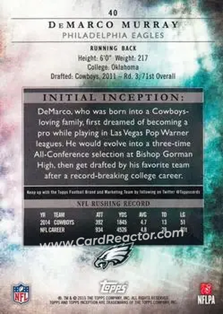 2015 Topps Inception #40 - DeMarco Murray - Philadelphia Eagles - Back