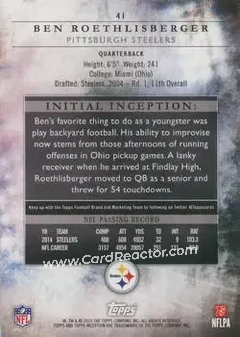 2015 Topps Inception #41 - Ben Roethlisberger - Pittsburgh Steelers - Back