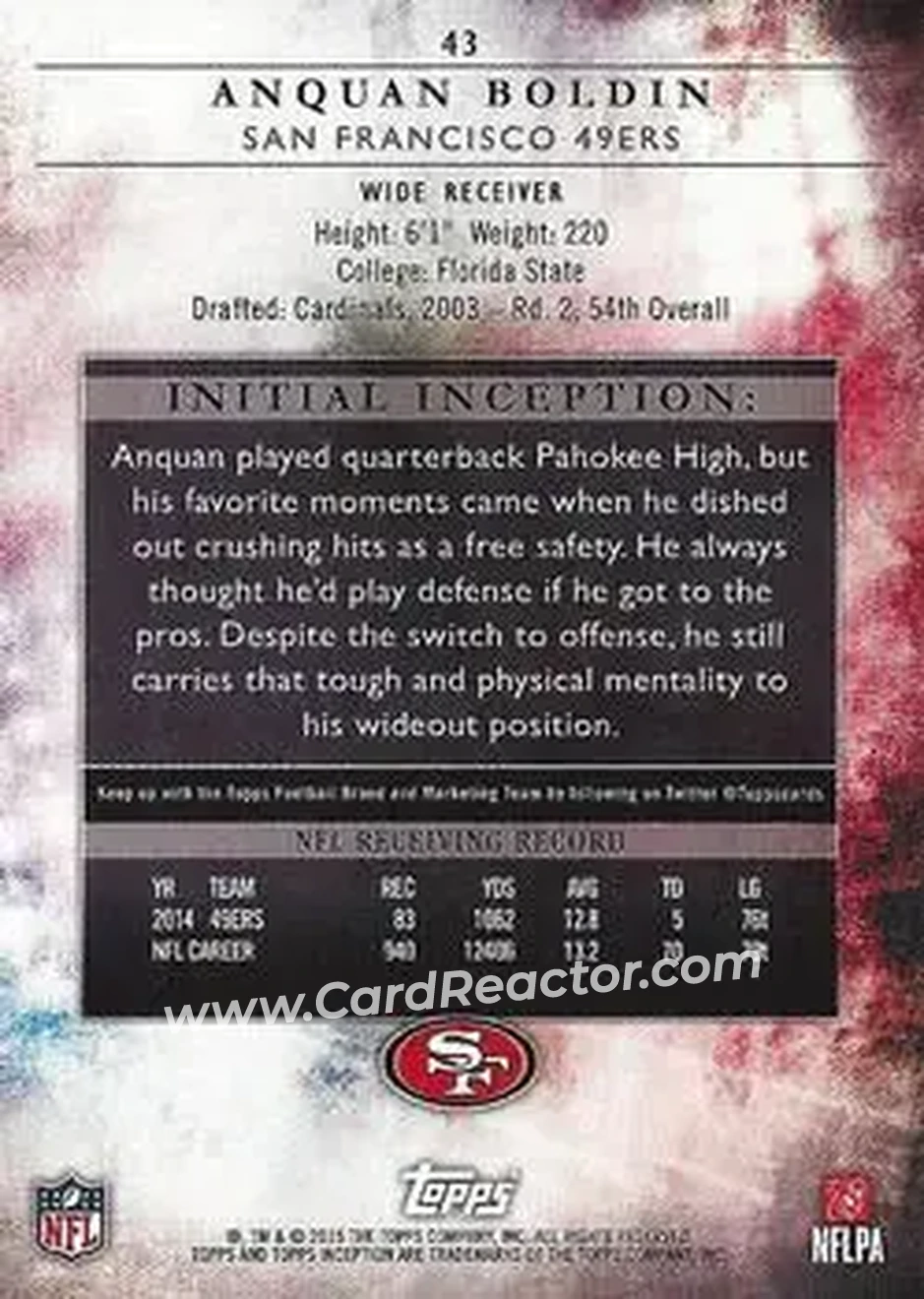 2015 Topps Inception #43 - Anquan Boldin - San Francisco 49ers - Back