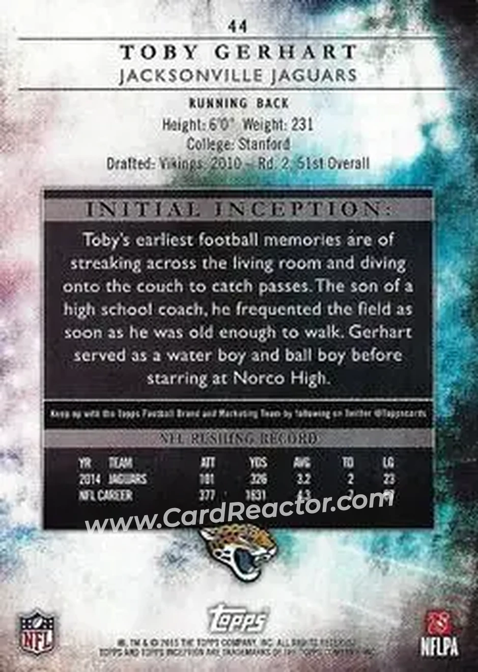 2015 Topps Inception #44 - Toby Gerhart - Jacksonville Jaguars - Back