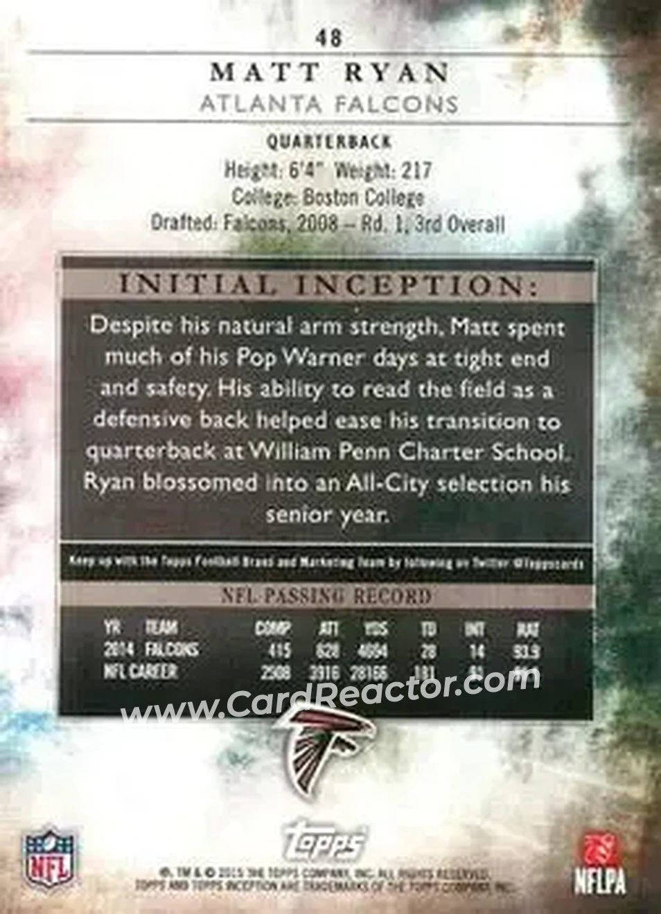 2015 Topps Inception #48 - Matt Ryan - Atlanta Falcons - Back 2015 Topps Inception #48 - Matt Ryan - Atlanta Falcons - Back