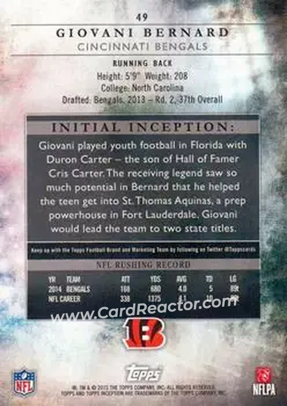 2015 Topps Inception #49 - Giovani Bernard - Cincinnati Bengals - Back