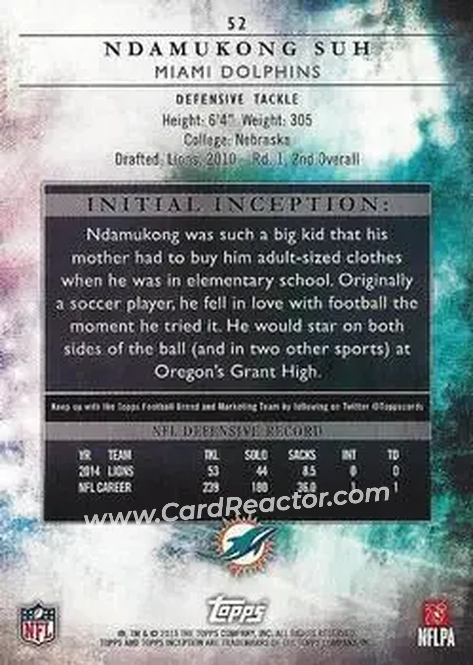2015 Topps Inception #52 - Ndamukong Suh - Miami Dolphins - Back