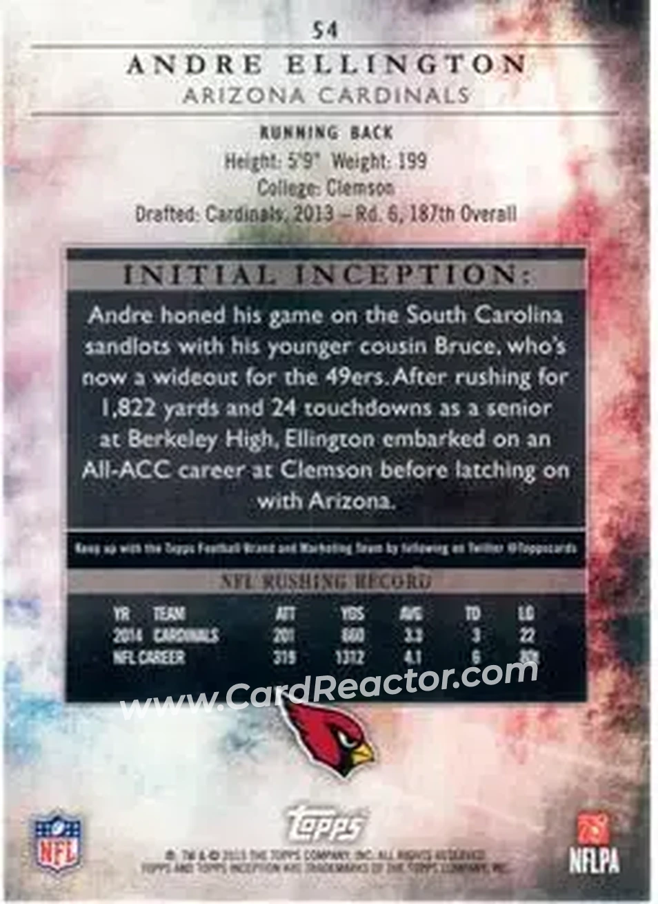 2015 Topps Inception #54 - Andre Ellington - Arizona Cardinals - Back
